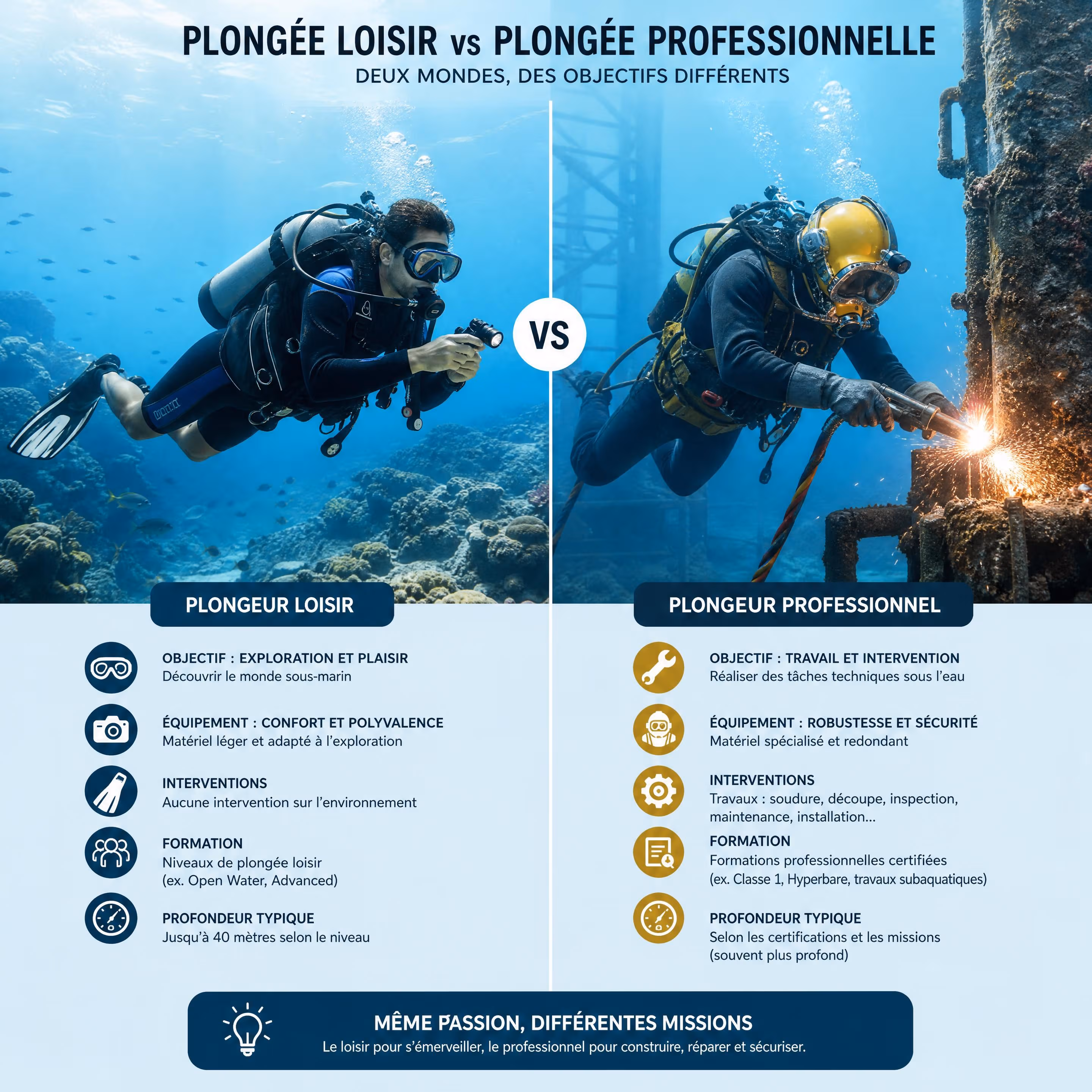  Plongeur professionnel vs. plongeur loisir : formations, métiers et expertise subaquatique 