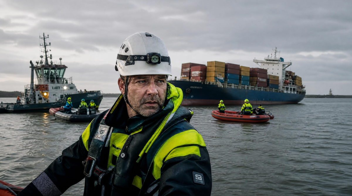 Professionnel maritime sur un quai de port avec un cargo en arrière-plan, symbolisant l'intervention rapide après un sinistre maritime.