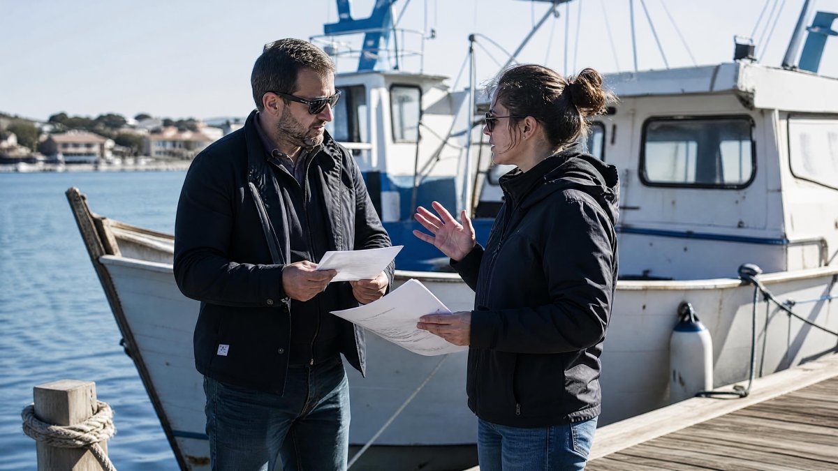 Deux experts maritimes examinant des documents sur un quai, discutant des dommages d'un bateau de plaisance après un sinistre.